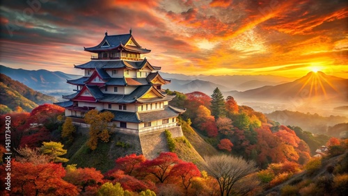 Obraz na płótnie Majestic Japanese Castle Autumn Foliage Hillside Stock Photo w salonie
