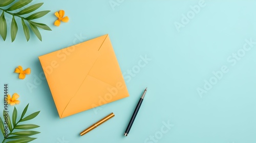 Obraz na płótnie An orange envelope with a pen and flowers on a blue background w salonie