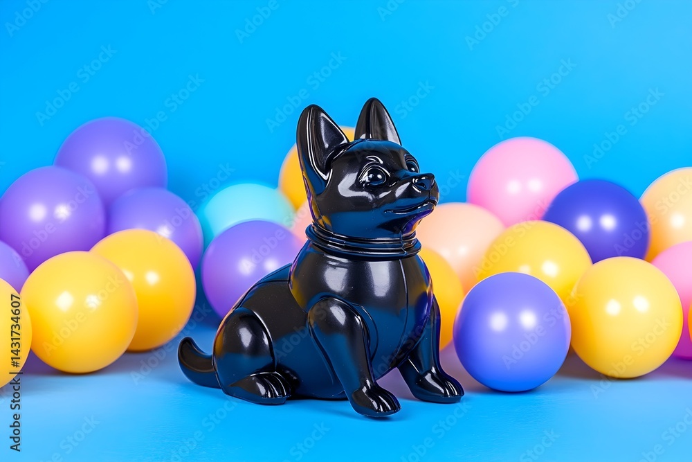 Black dog figurine surrounded by colorful balloons on a blue background
