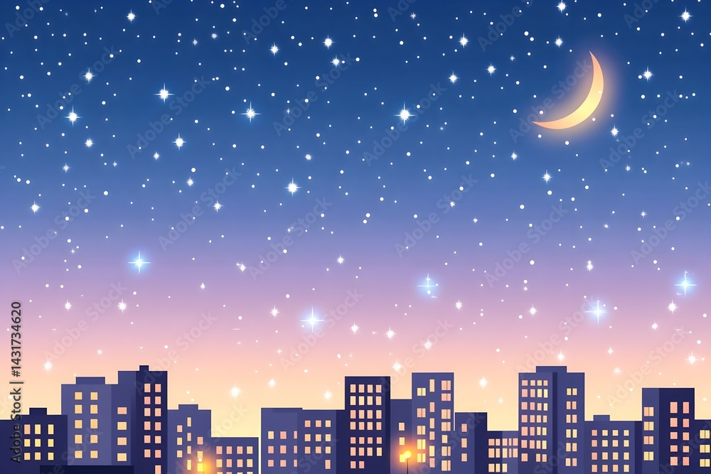 City skyline at night with a crescent moon and starry sky