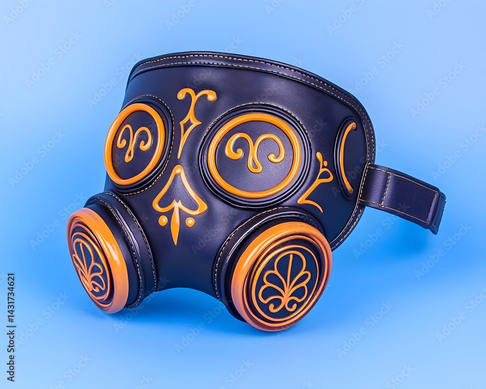Black and orange gas mask with intricate design