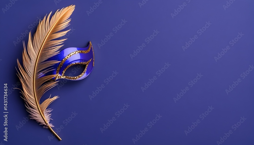 Blue masquerade mask with golden feather on a deep blue background