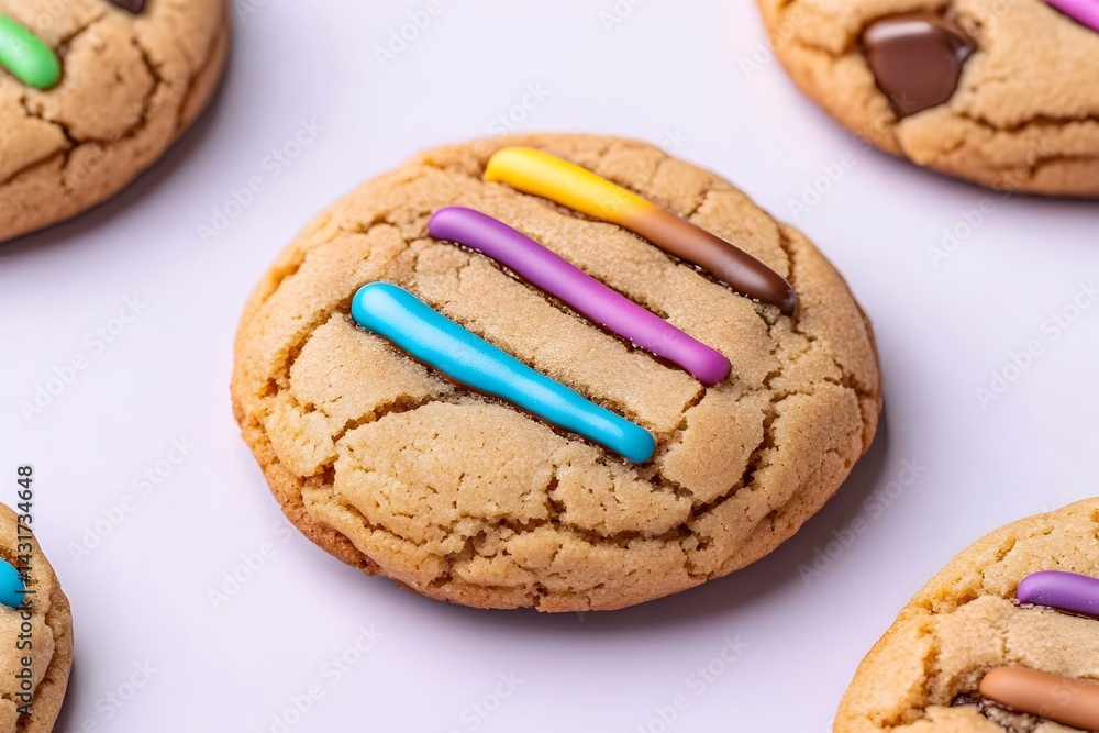 Close-up of a chocolate chip cookie with colorful stripes on a light purple background