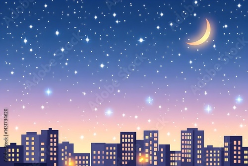Obraz na płótnie City skyline at night with a crescent moon and starry sky w salonie
