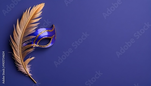 Obraz na płótnie Blue masquerade mask with golden feather on a deep blue background w salonie