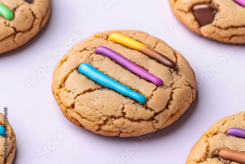 Obraz na płótnie Close-up of a chocolate chip cookie with colorful stripes on a light purple background w salonie