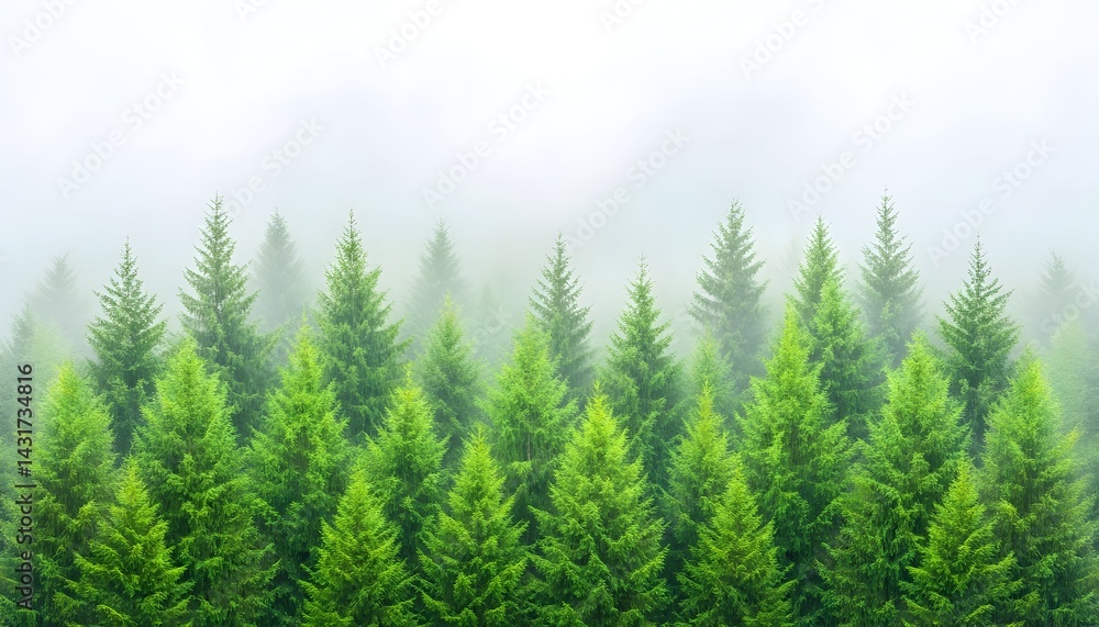 Foggy forest with tall evergreen trees