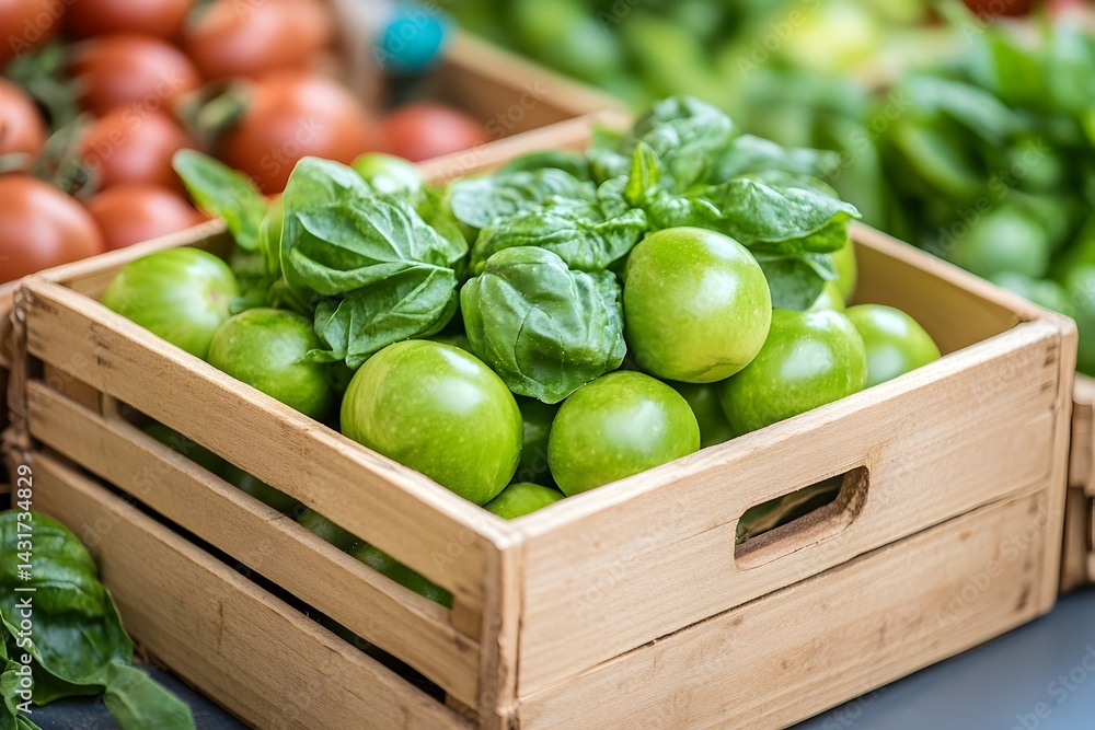 Fresh green tomatoes and basil leaves in a wooden crate