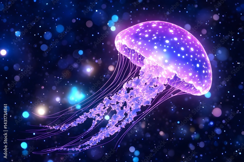 Glowing purple jellyfish with tentacles floating in a galaxy-like background