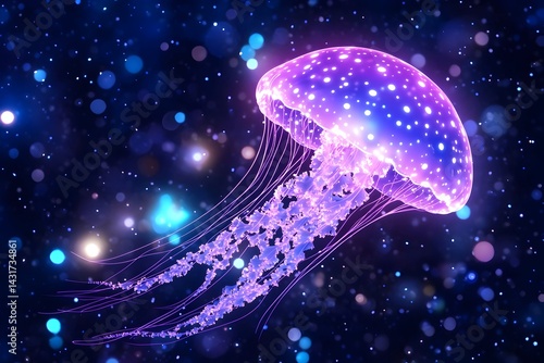 Obraz na płótnie Glowing purple jellyfish with tentacles floating in a galaxy-like background w salonie