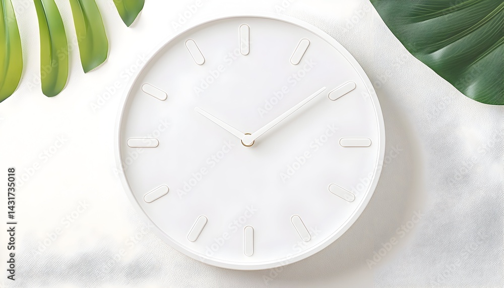 Minimalist white clock with green leaves on a white background