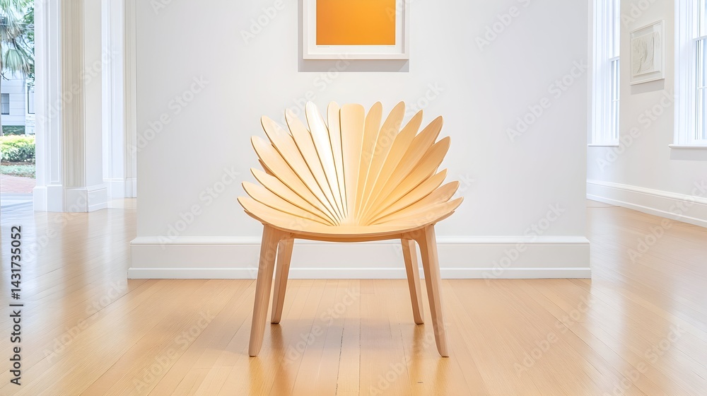 Modern wooden chair with a unique petal-like design in a gallery setting