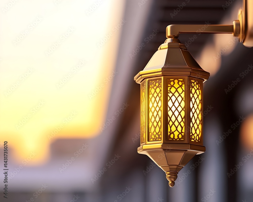 Ornate golden lantern with warm light against a sunset backdrop