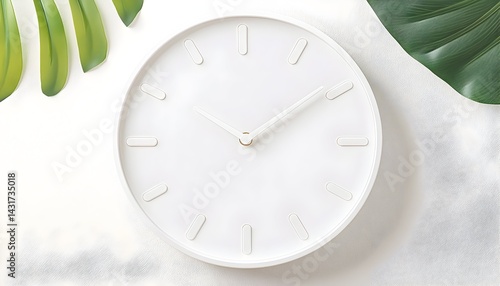 Obraz na płótnie Minimalist white clock with green leaves on a white background w salonie