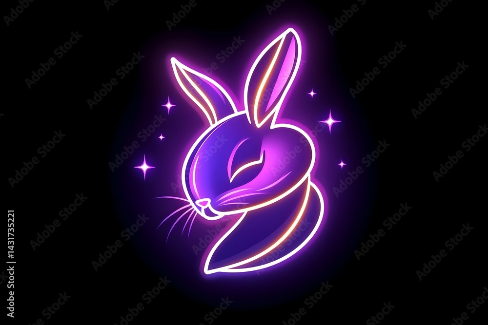 Purple neon glowing rabbit with closed eyes against a black background