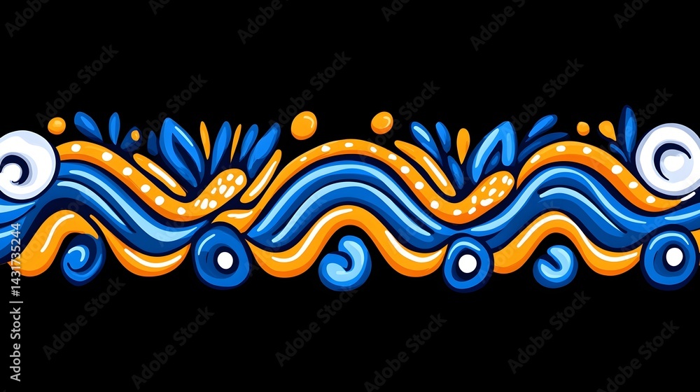 Seamless pattern of blue and orange waves, swirls, and floral elements on a black background