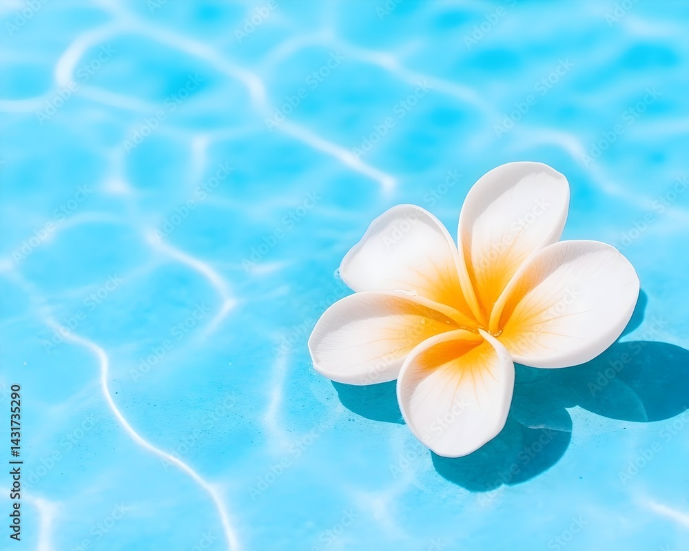Single white flower with yellow center floating on blue water