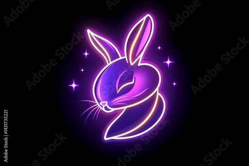 Obraz na płótnie Purple neon glowing rabbit with closed eyes against a black background w salonie