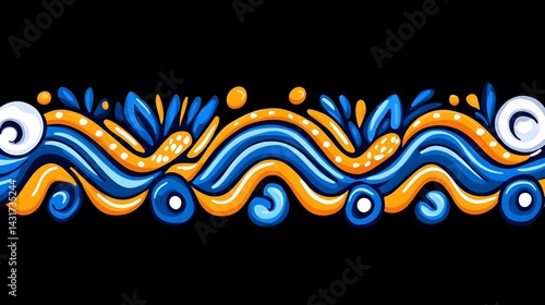 Obraz na płótnie Seamless pattern of blue and orange waves, swirls, and floral elements on a black background w salonie