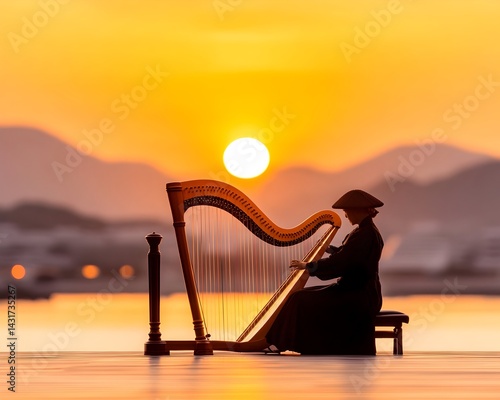Obraz na płótnie Silhouette of a woman playing a harp during a sunset w salonie