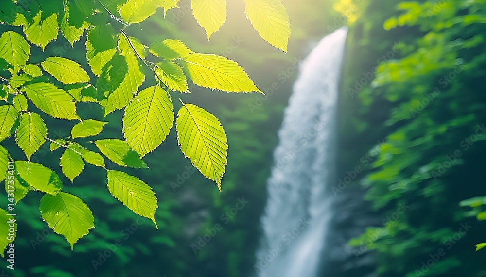 Sunlit leaves in the foreground of a lush waterfall
