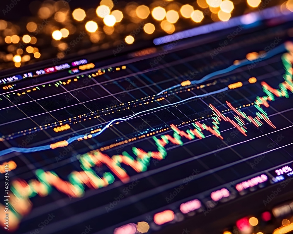 Stock market chart with a rising trend line and blurred bokeh lights