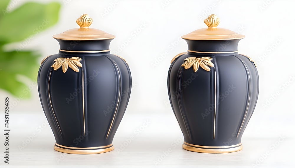 Two black ceramic vases with gold accents and lids, on a white background