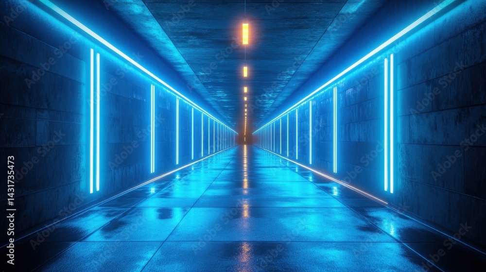 High resulation image of neon blue lights with moving along dark tunnel illuminated. High resulation image of neon blue lights with moving along dark tunnel illuminated.