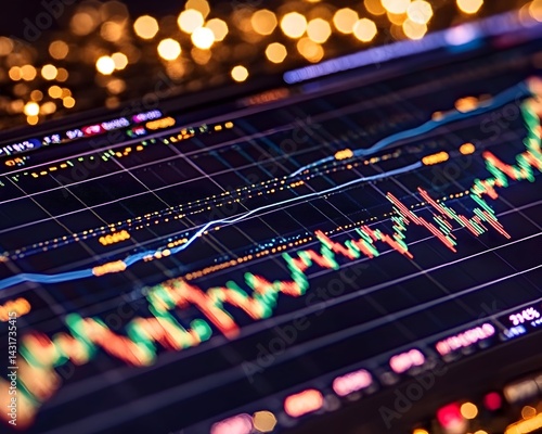 Obraz na płótnie Stock market chart with a rising trend line and blurred bokeh lights w salonie