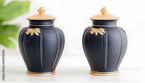 Obraz na płótnie Two black ceramic vases with gold accents and lids, on a white background w salonie