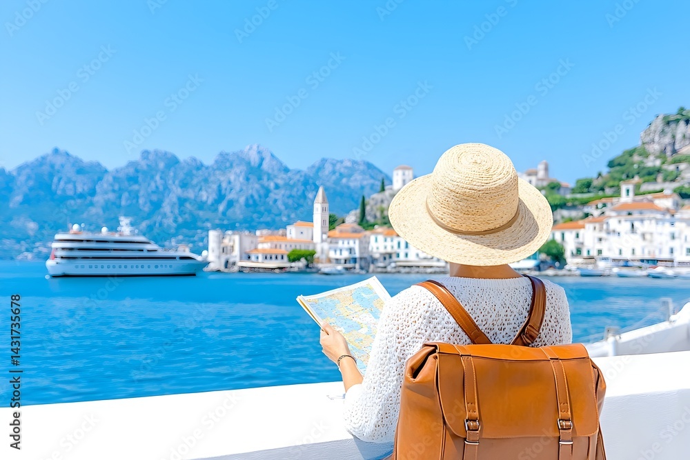 Woman in hat with backpack looks at map while admiring beautiful seaside town