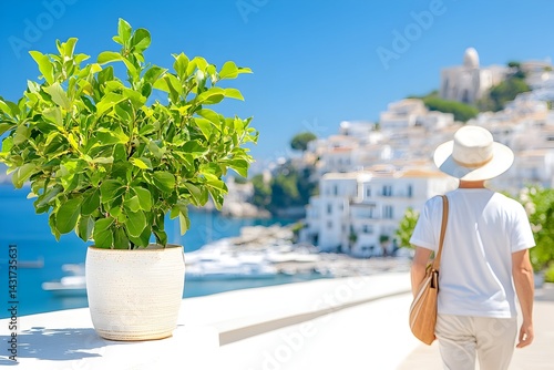 Obraz na płótnie Woman in white walks along a seaside path overlooking a whitewashed village w salonie