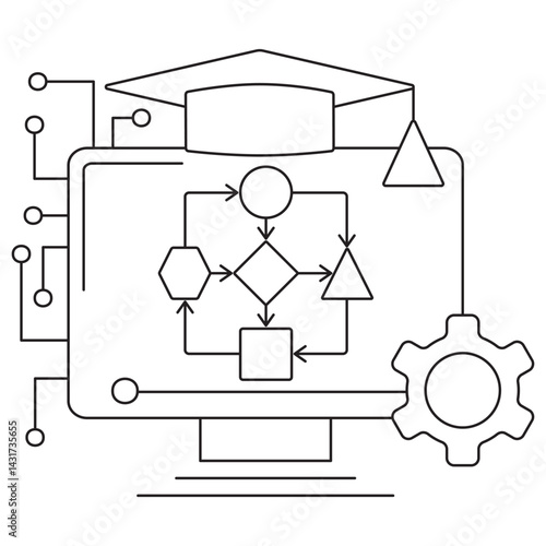 Icon of reinforcement learning in artificial intelligence, depicting interconnected geometric shapes and arrows. Vector pictogram with thin black lines on a transparent, editable line thickness