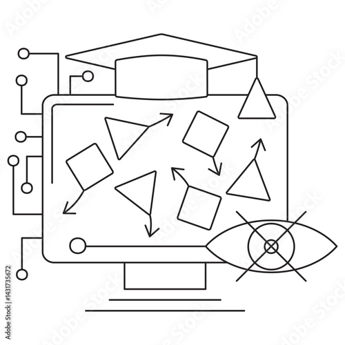 Icon of unsupervised learning in artificial intelligence, featuring random arrows between triangle and square shapes. Vector pictogram with thin black lines on a transparent, editable line thickness