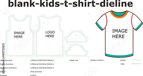 Kids tshirt dieline template for custom design apparel manufacturing blank white cardboard material measurements indicated for print