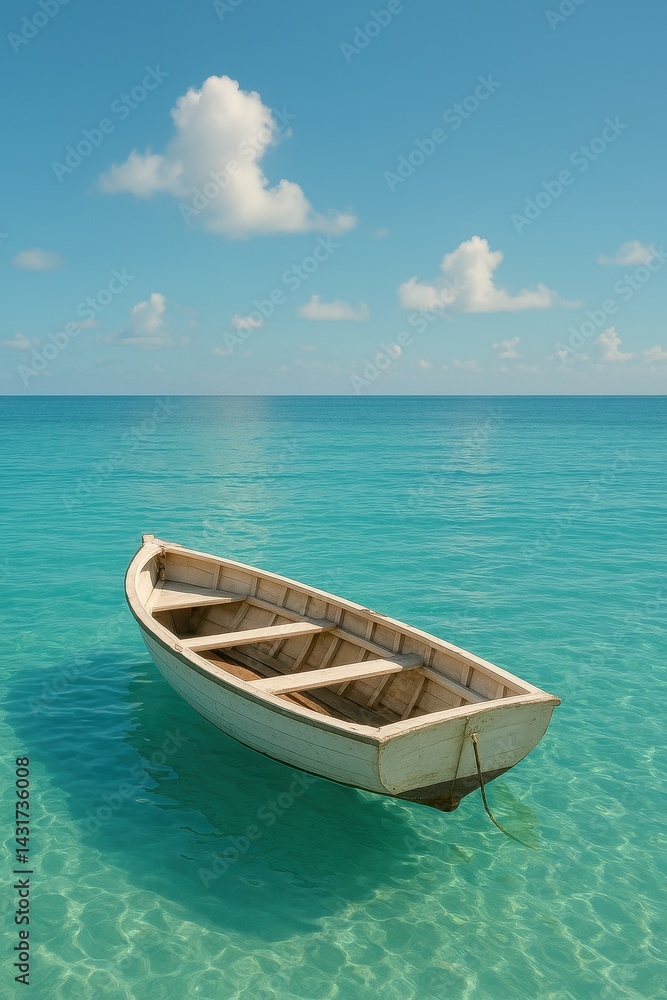 Naklejka premium Serene wooden boat floating on crystal clear turquoise sea under blue sky with clouds