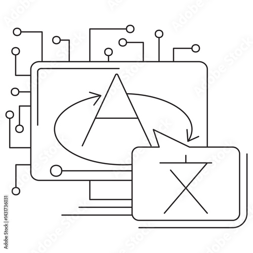Icon of AI machine translation showing letters and language symbols on a computer screen with a speech bubble. Vector pictogram with thin black lines on transparent background, editable line thickness
