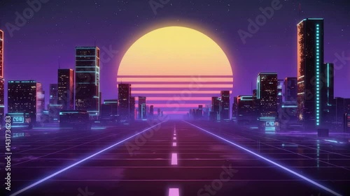 Retro futuristic neon city 80s style with moving road to the city
