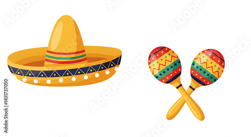Vivid Sombrero & Maracas Celebrate Cinco de Mayo: Mexican Heritage, Cultural Icon, Fiesta Illustration on Black Backdrop