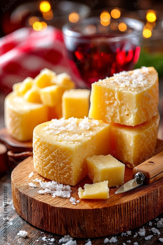 Degustación de queso Manchego junto a un vino tinto en una tabla rústica Degustación de queso Manchego junto a un vino tinto en una tabla rústica