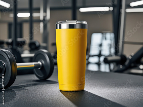 Sleek Yellow Thermos Mockup in Gym Setting: Modern Fitness Hydration