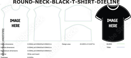 Round neck black t shirt dieline template for fashion apparel design and production layout