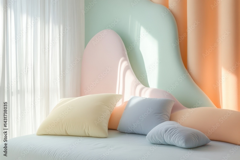 Obraz premium Soft pastel colors create a calming atmosphere in a modern bedroom design with unique headboard