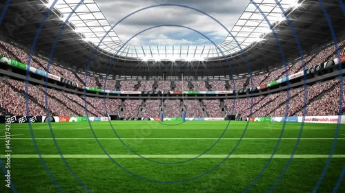 Rugby goalposts being featured at center of green pitch, showing seating tiers flat design