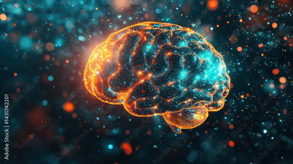 A glowing, abstract representation of a human brain amidst a colorful cosmic background. A glowing, abstract representation of a human brain amidst a colorful cosmic background.