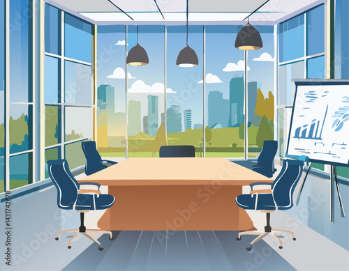 A detailed pixel art illustration showcasing a conference room featuring a large table surrounded by several chairs, emphasizing workplace design elements