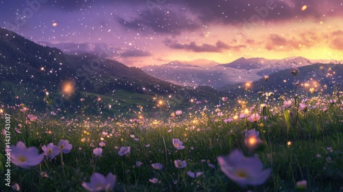 Serene Mountain Landscape with Blossoms and Magical Twilight Glow