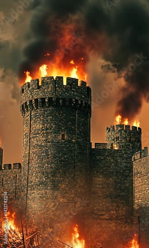 Fiery medieval castle under siege with flames engulfing towers and dark clouds above