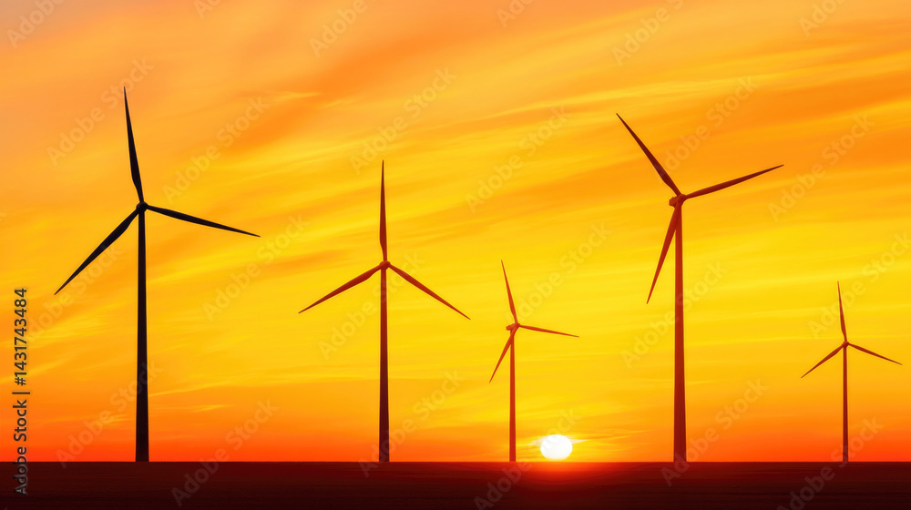 Fototapeta premium Sustainable energy concept with wind turbines at sunset for eco-friendly design inspiration and renewable energy advocacy