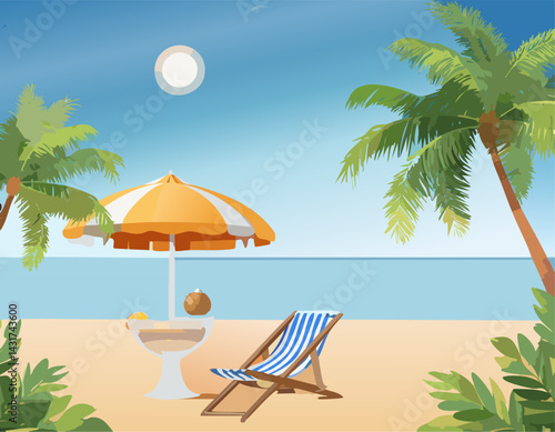 On the serene and picturesque beach, a comfortable chair and a refreshing drink await you, perfect for enjoying the warm sun and gentle waves